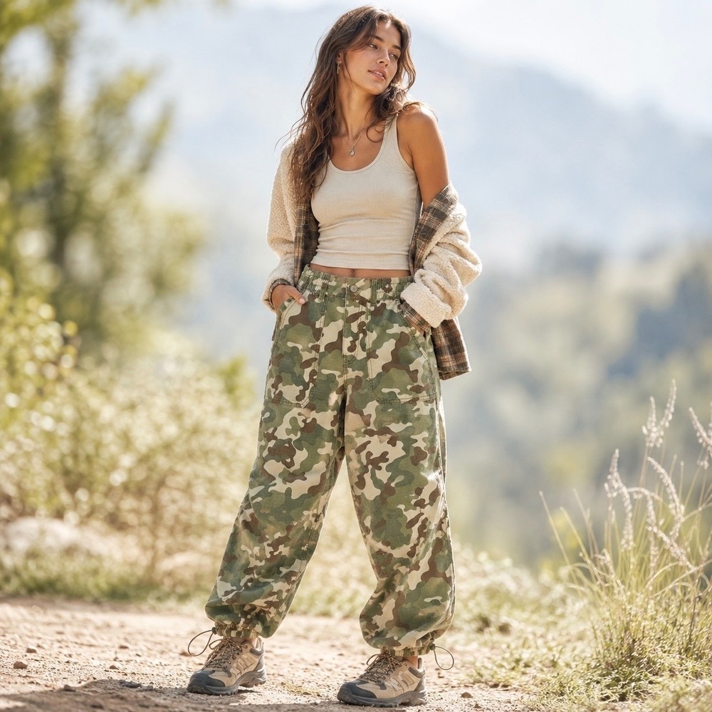 Camo Cargo Jogger Pants XS Parachute Bungee Hem Celebrity Pink Y2K Gorpcore